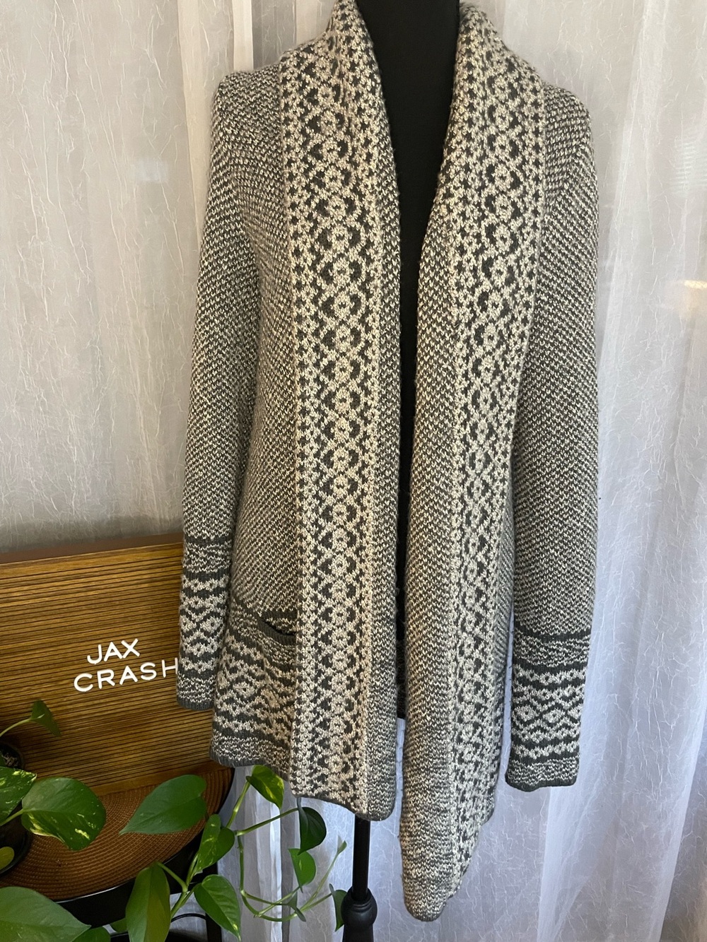 Lucky Brand Gray and Cream Open-Front Knit Cardigan